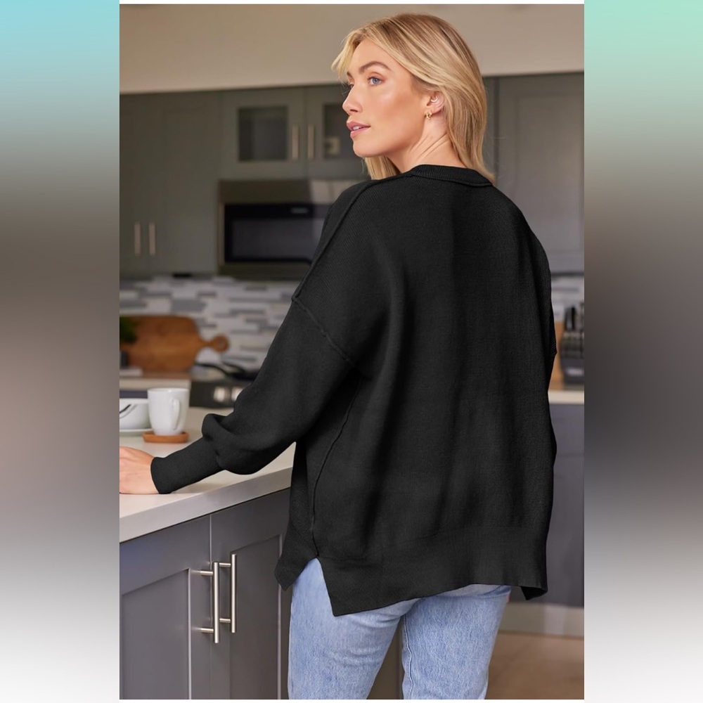 Women's Oversized Batwing Sweater Black 3X Crewneck Knit Side Slit Pullover Top - Picture 2 of 16